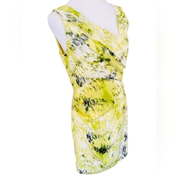 Ann Taylor 91% silk & spandex Assymetrical Neck green Watercolor Sheath Dress - Picture 5 of 7